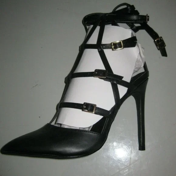 Liliana Black Calf-High Pointy Toe Open Back Caged Heel Gisele-90 Size 8 NIB - Picture 2 of 7